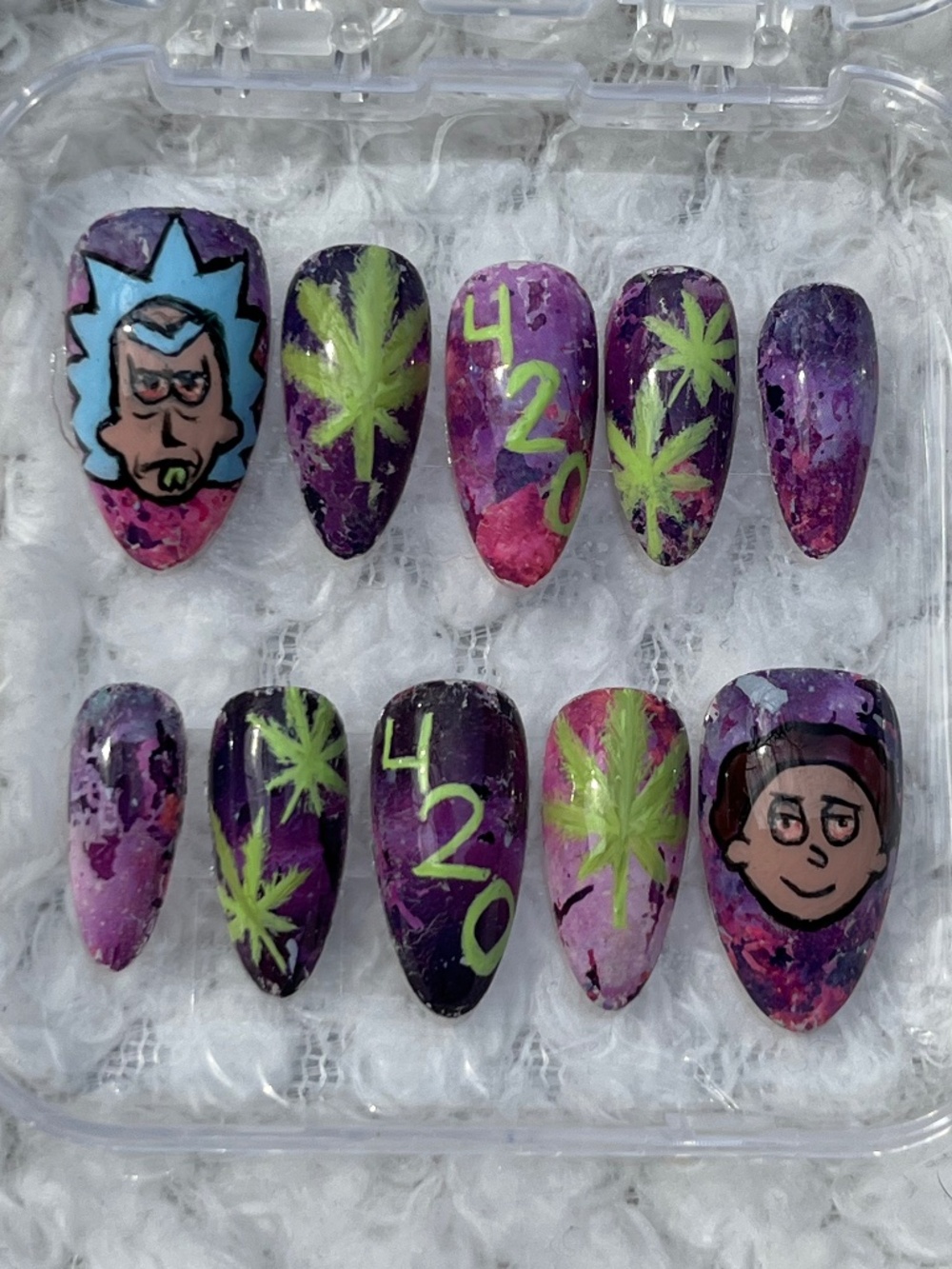 Handmade Rick and Morty 4/20 almond shape Press on nails SZ Large